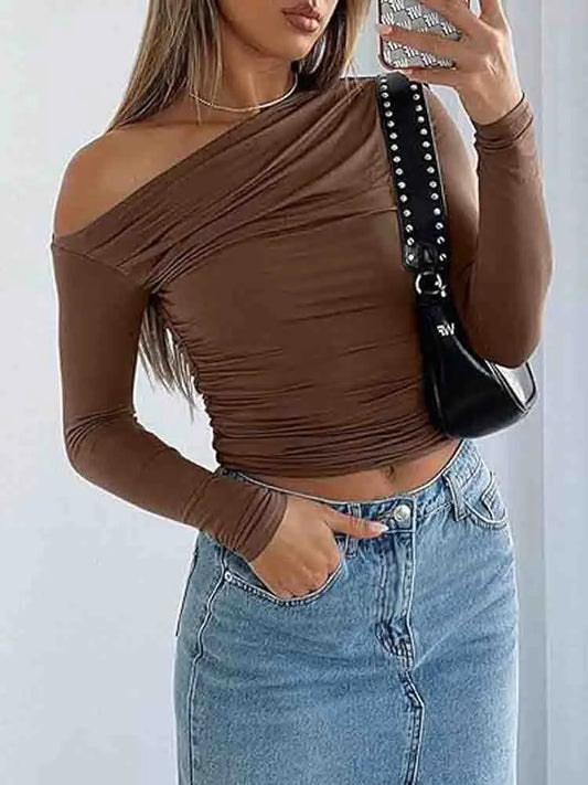 Off Shoulder Slim Fit Long Sleeve Top - Multiple Colors