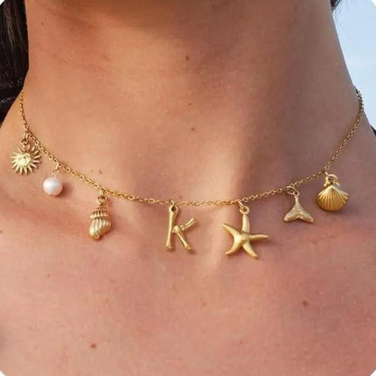 Woman's Gold Seashell Initial Choker Necklace