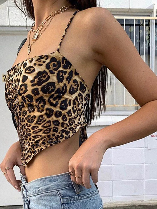 Leopard Tank Top with Back Cross Lace Up